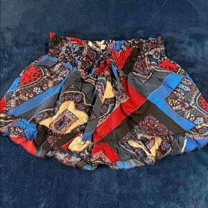 Smocked Waist Patchwork Ruffled Shorts - Red, Blue & Black